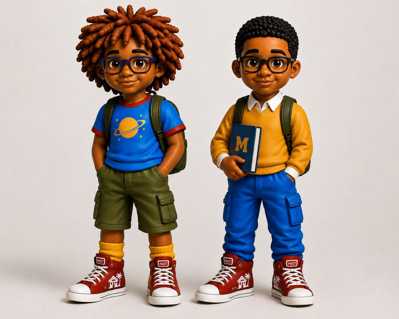 Chuck in his blue planet shirt beside JR in his gold varsity sweater