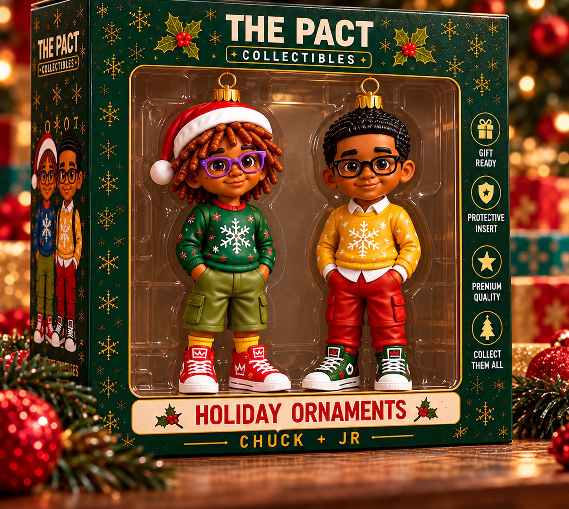 Chuck and JR 6-inch holiday ornaments in their gift box, Chuck in a green snowflake sweater and Santa hat, JR in a gold snowflake sweater
