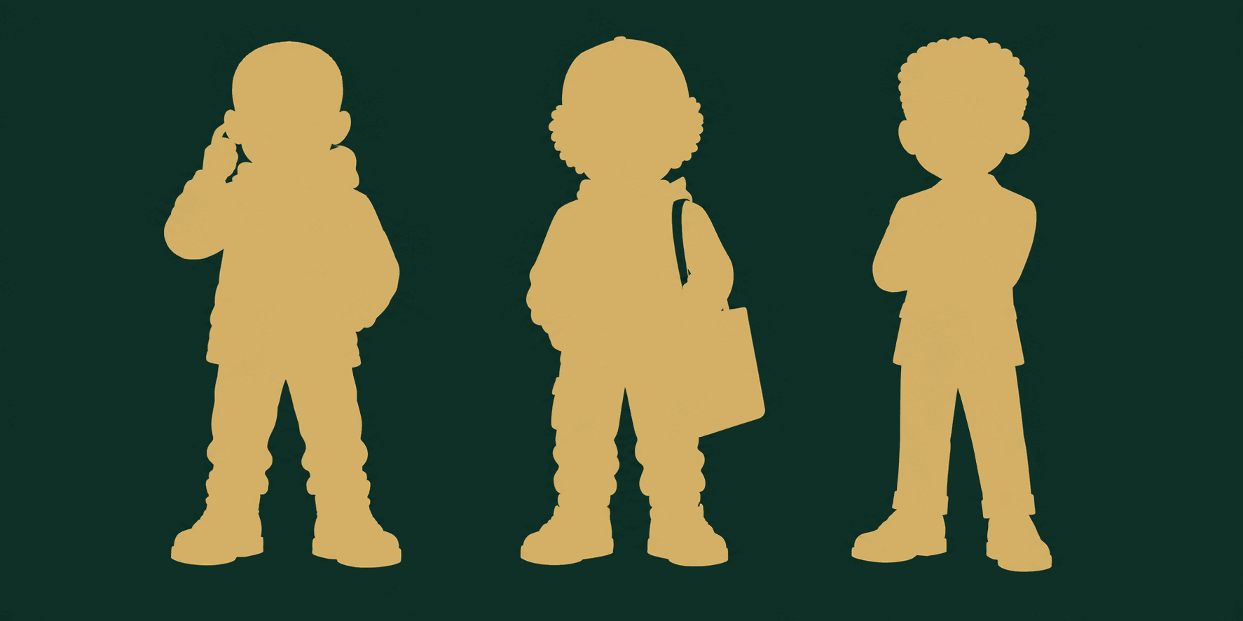 Three upcoming character silhouettes: headphones and hand at temple, cap and tote bag, and a suit with crossed arms