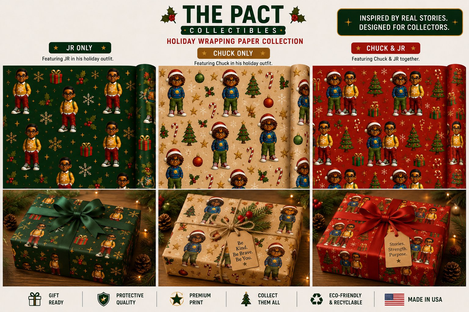 The Pact Collectibles holiday wrapping paper: JR only, Chuck only, and Chuck & JR designs